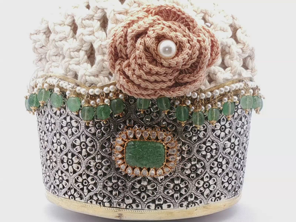 Ornate Silver Velvet  with Carved Emerald Centerpiece