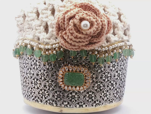 Ornate Silver Velvet  with Carved Emerald Centerpiece