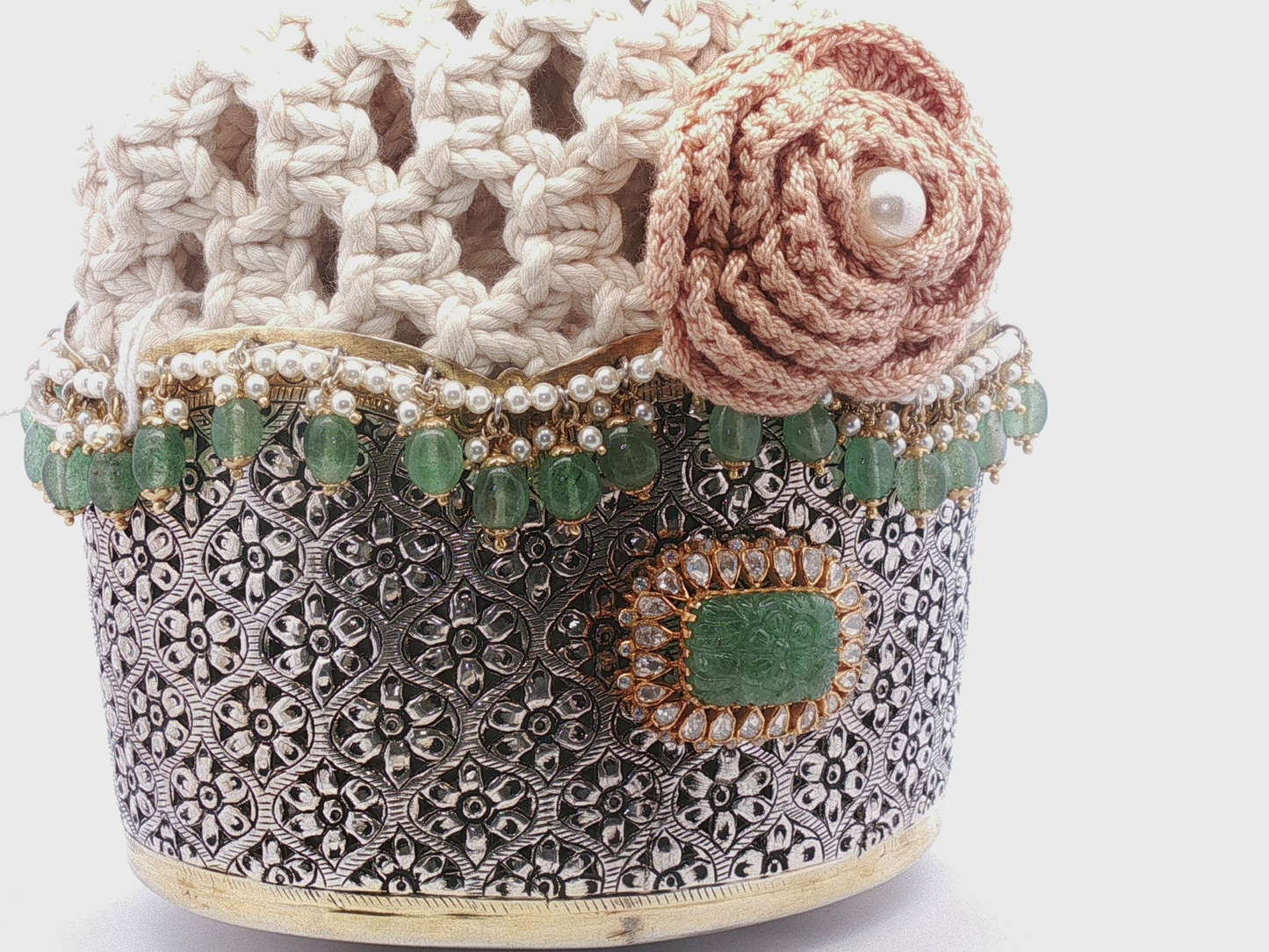 Ornate Silver Velvet  with Carved Emerald Centerpiece