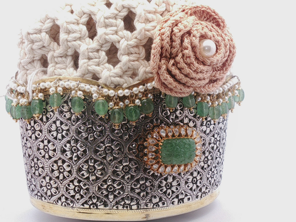 Ornate Silver Velvet  with Carved Emerald Centerpiece
