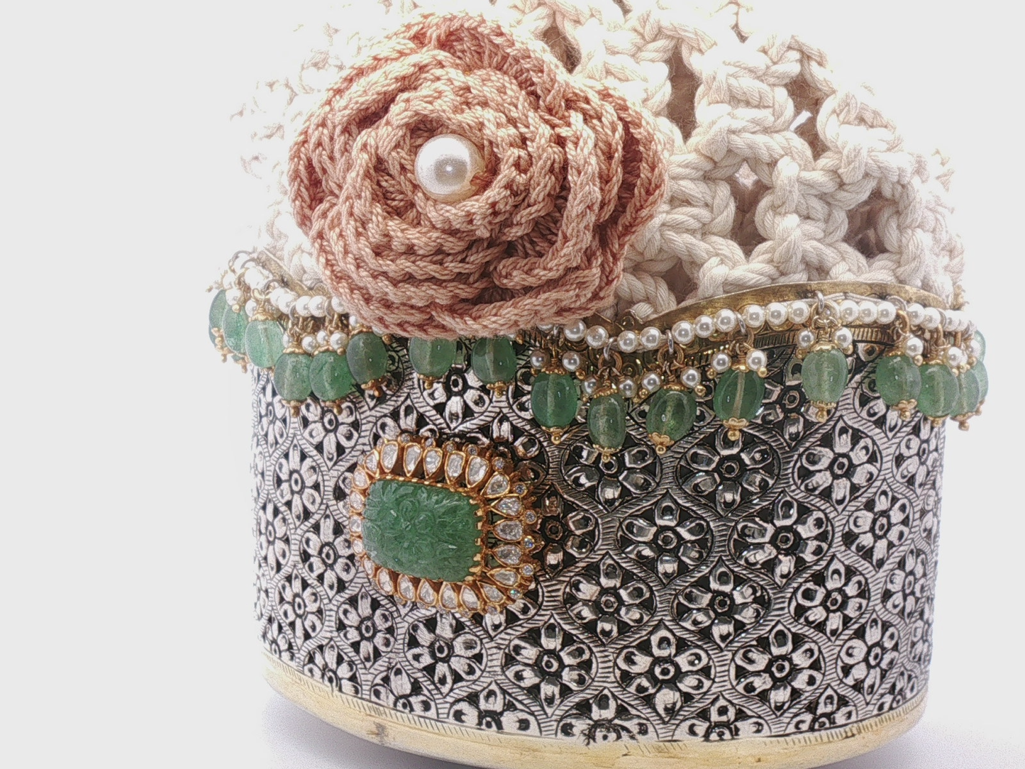 Ornate Silver Velvet  with Carved Emerald Centerpiece