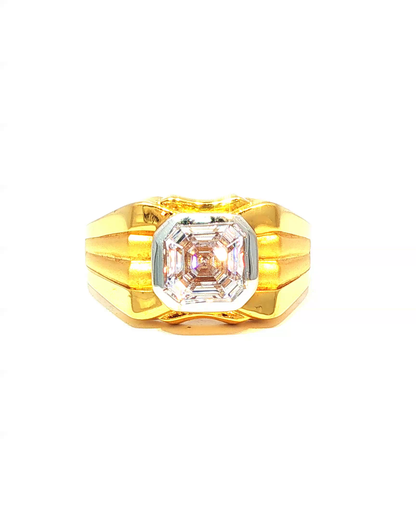 Yellow Gold Diamond Signet Ring with Ribbed Band