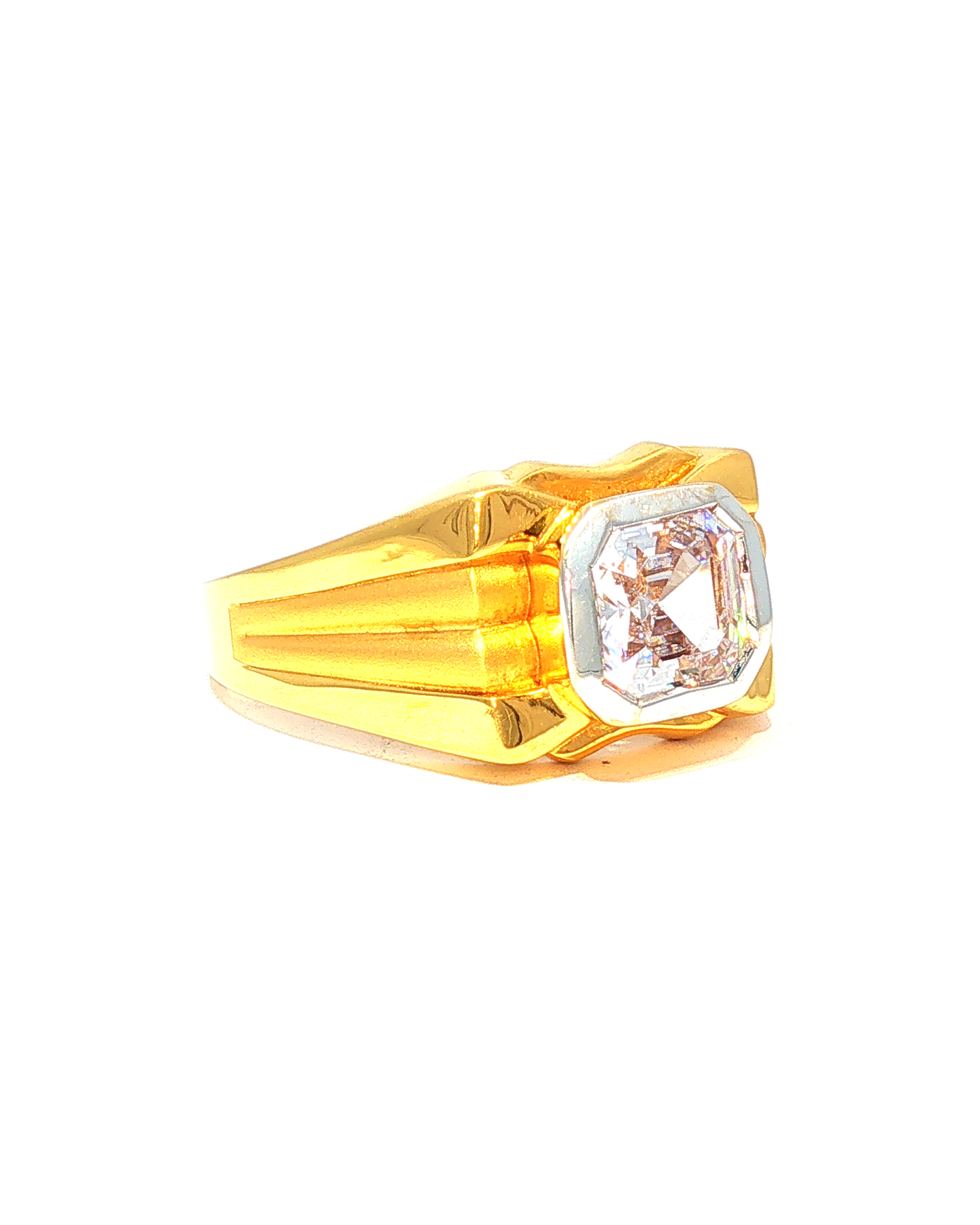 Yellow Gold Diamond Signet Ring with Ribbed Band