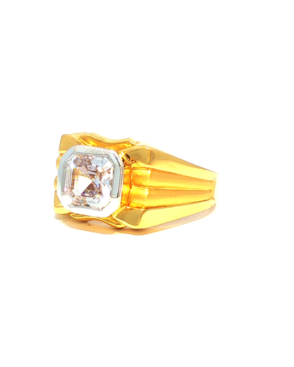 Yellow Gold Diamond Signet Ring with Ribbed Band