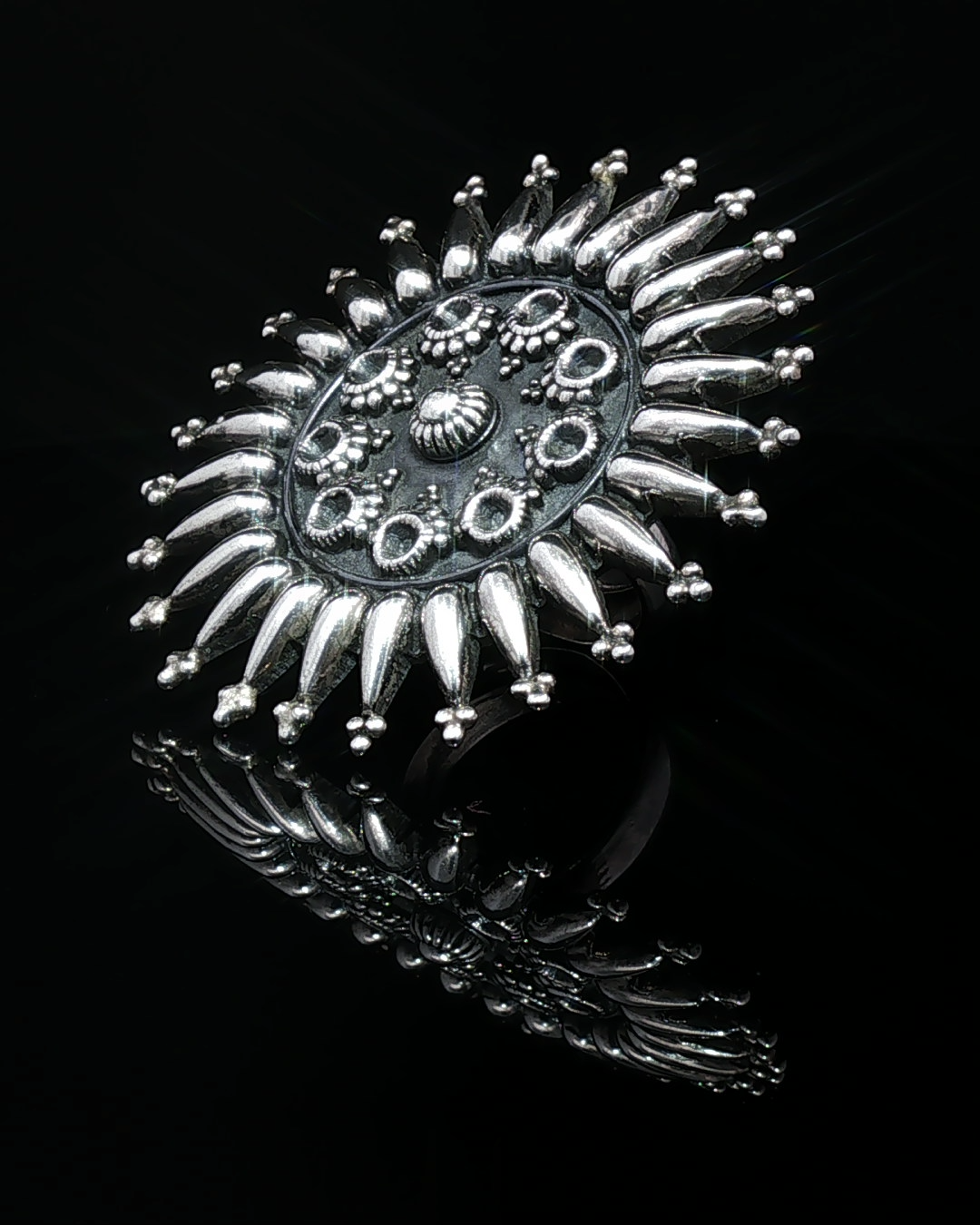 Ornate Silver Sunburst Mandala Cocktail Ring