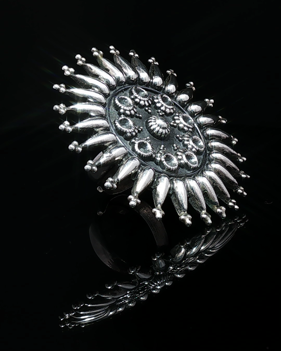 Ornate Silver Sunburst Mandala Cocktail Ring