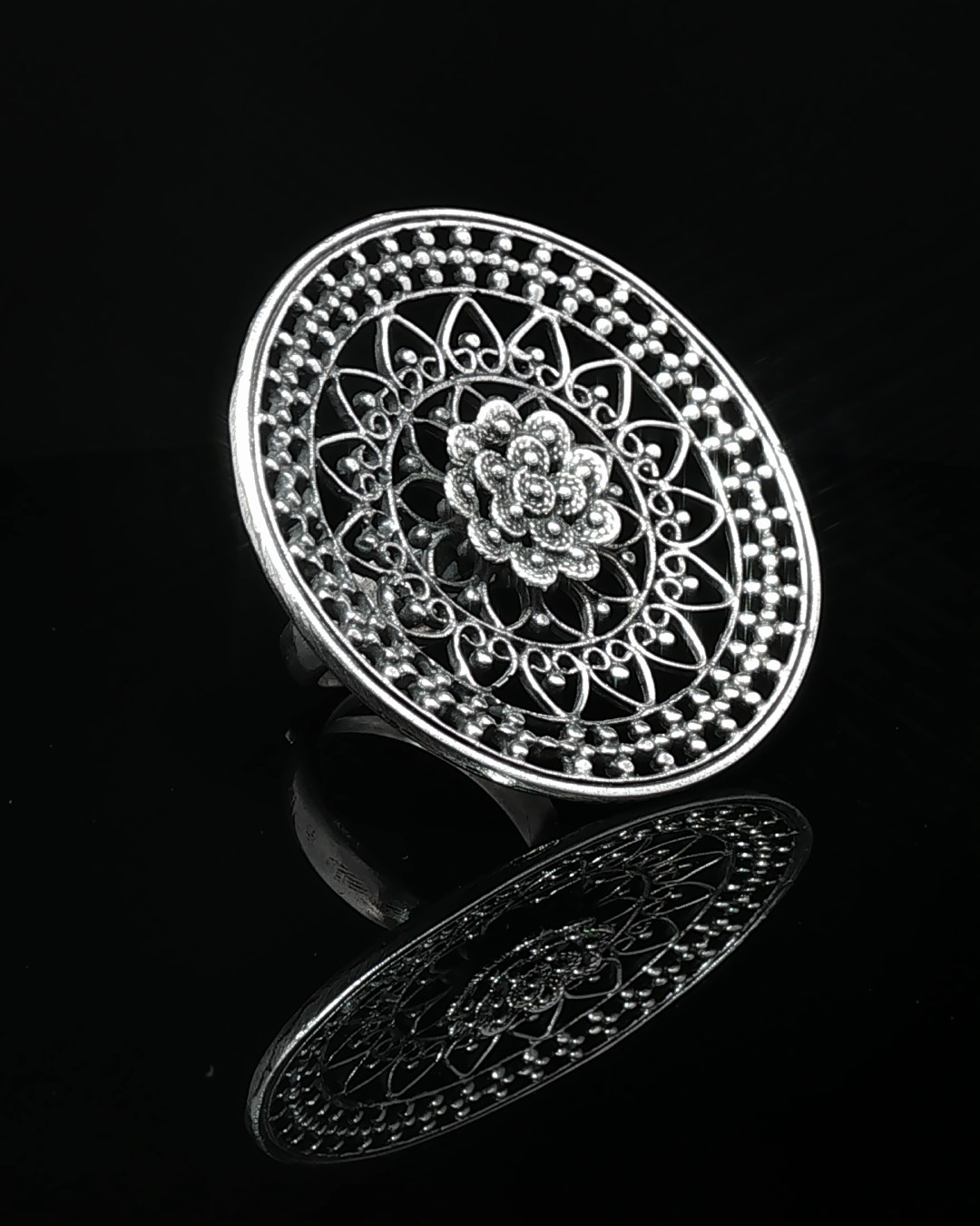 Silver Openwork Floral Mandala Cocktail Ring
