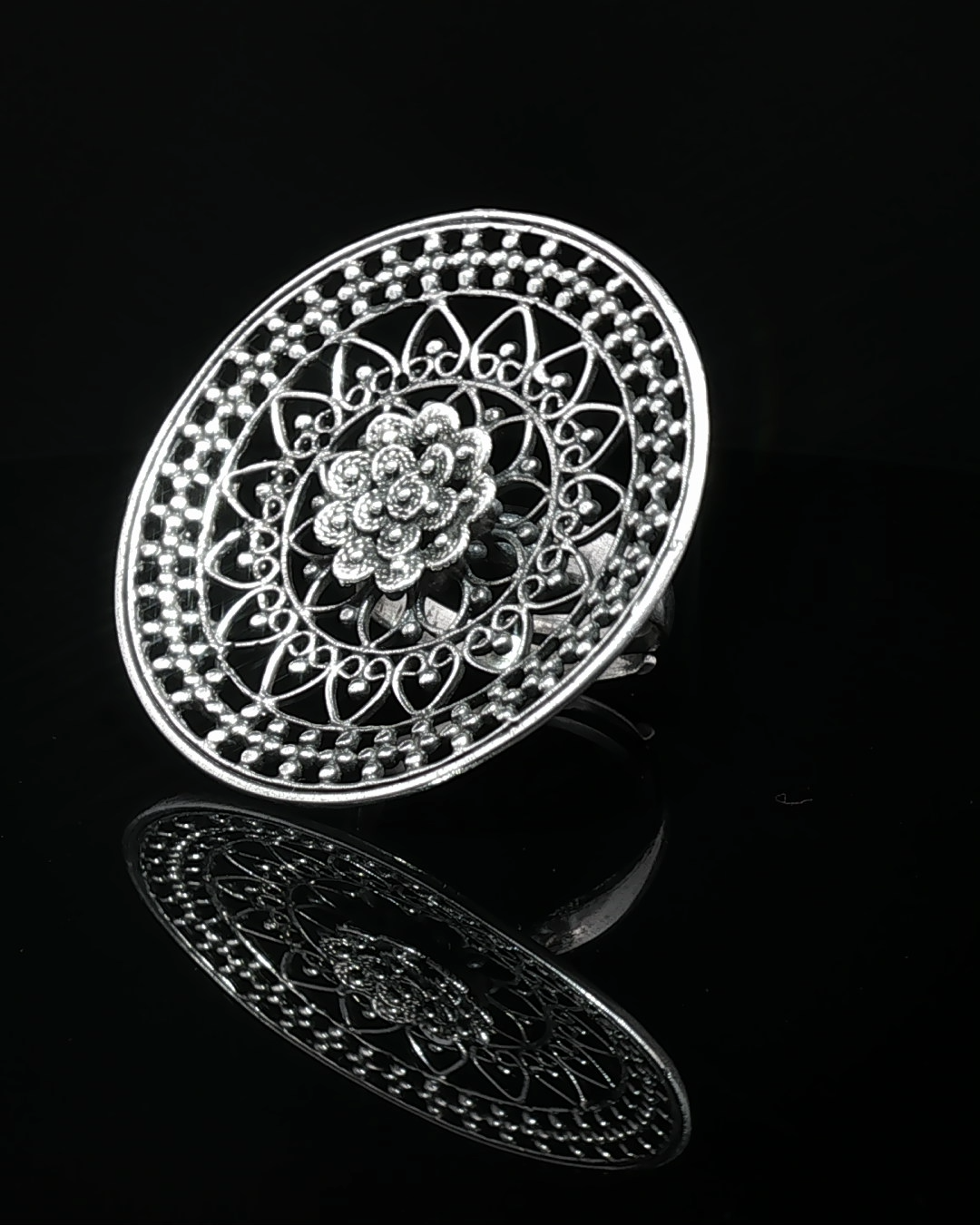 Silver Openwork Floral Mandala Cocktail Ring