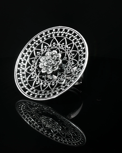 Silver Openwork Floral Mandala Cocktail Ring