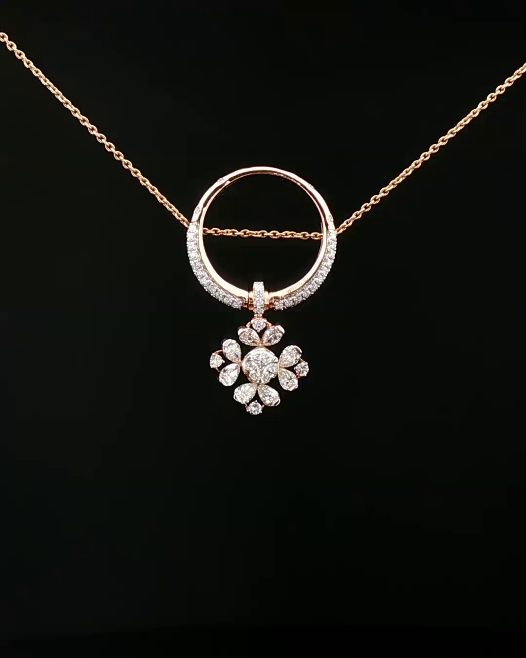 Diamond Floral Drop Charm Necklace in Rose Gold