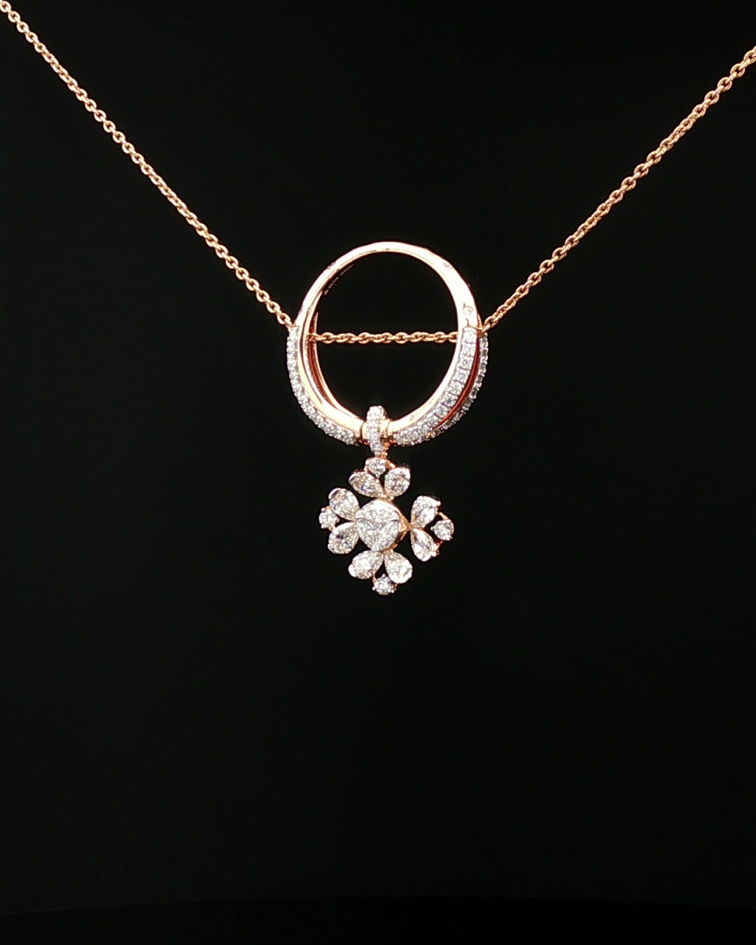 Diamond Floral Drop Charm Necklace in Rose Gold