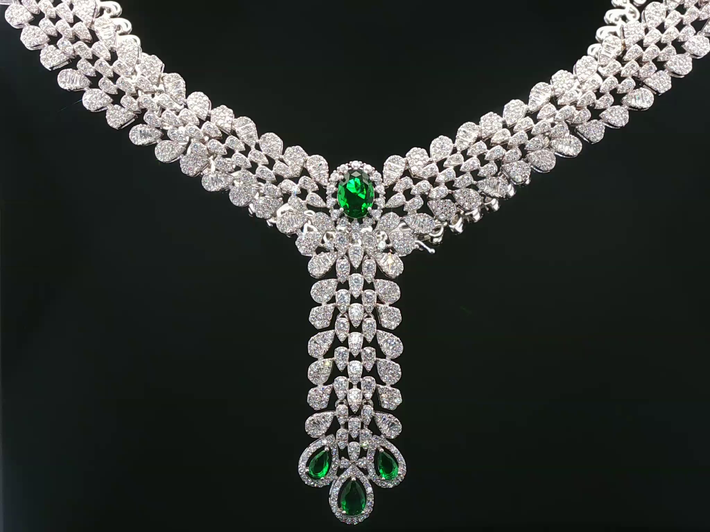 White Stone and Emerald Drop Silver Necklace