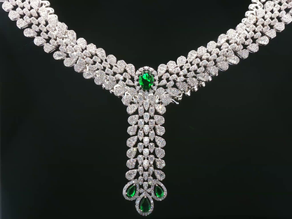 White Stone and Emerald Drop Silver Necklace