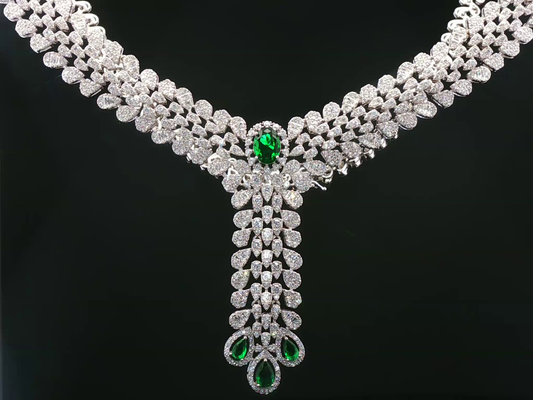 White Stone and Emerald Drop Silver Necklace