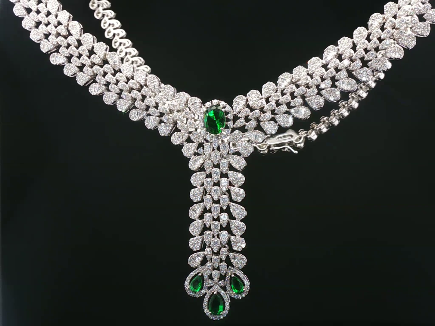 White Stone and Emerald Drop Silver Necklace