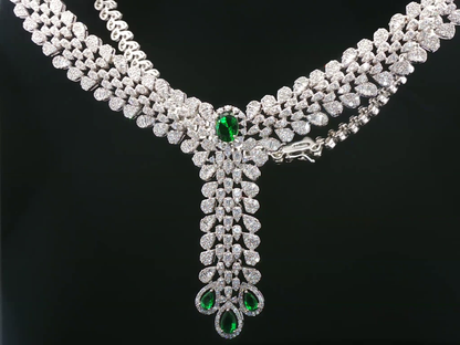 White Stone and Emerald Drop Silver Necklace