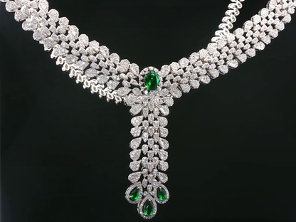 White Stone and Emerald Drop Silver Necklace