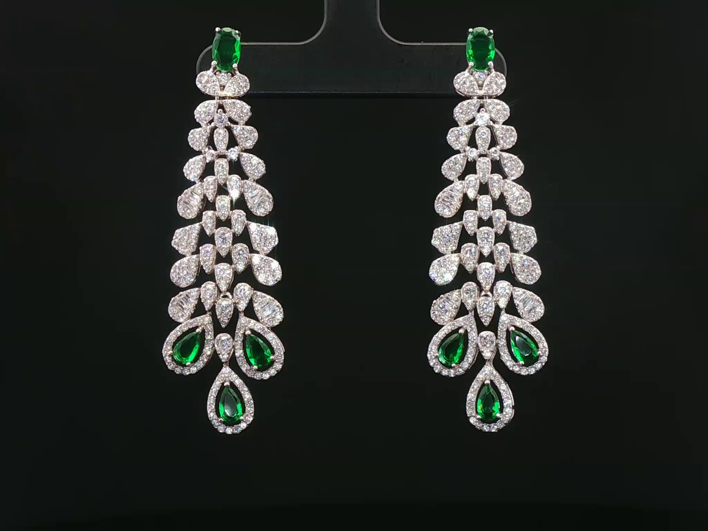 White Stone and Emerald Drop Silver Necklace