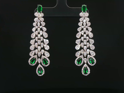 White Stone and Emerald Drop Silver Necklace