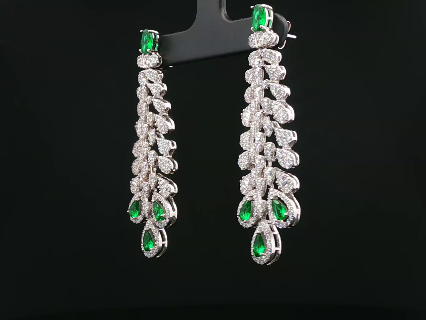 White Stone and Emerald Drop Silver Necklace