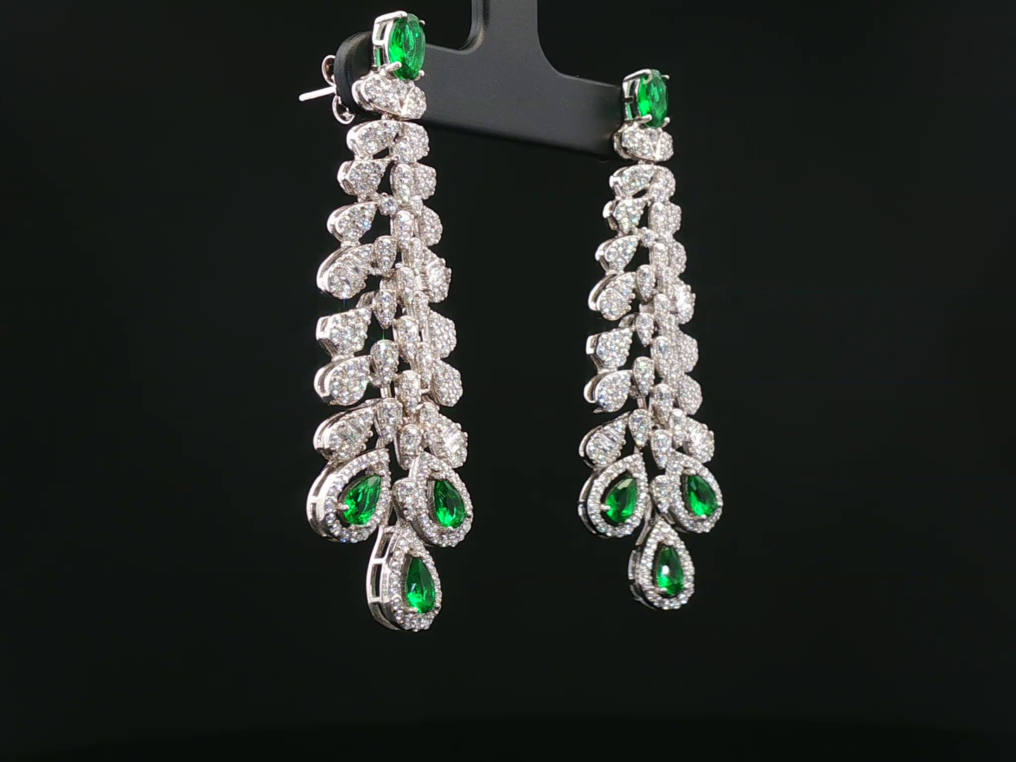 White Stone and Emerald Drop Silver Necklace
