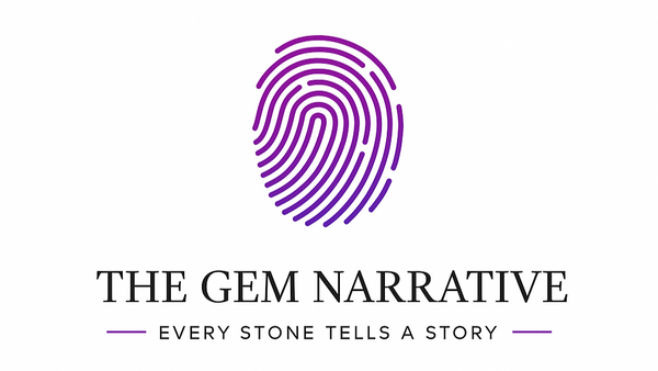 The Gem Narrative logo featuring a stylized fingerprint in a pink-to-purple gradient, symbolizing the unique story of each gemstone. Accompanied by the tagline 'Every Stone Tells a Story', representing a curated online boutique offering fine, untreated and ethically sourced gemstones, founded by a GIA Graduate Gemologist in India.
