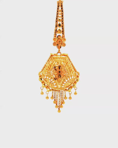 Traditional Yellow Gold Filigree Maang Tikka with Beaded Fringe