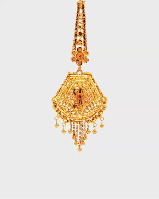 Traditional Yellow Gold Filigree Maang Tikka with Beaded Fringe