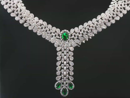 White Stone and Emerald Drop Silver Necklace