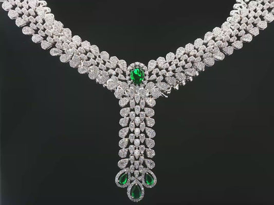 White Stone and Emerald Drop Silver Necklace