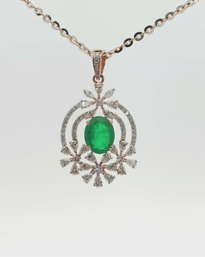 Oval Emerald and Diamond Floral Charm Necklace in Rose Gold