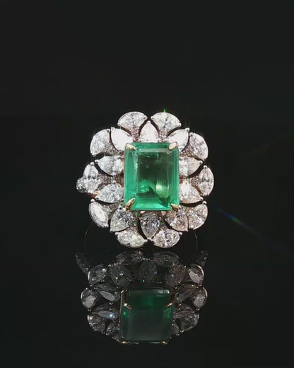 Natural Emerald Cut Green Emerald Statement Cocktail Ring in White Gold