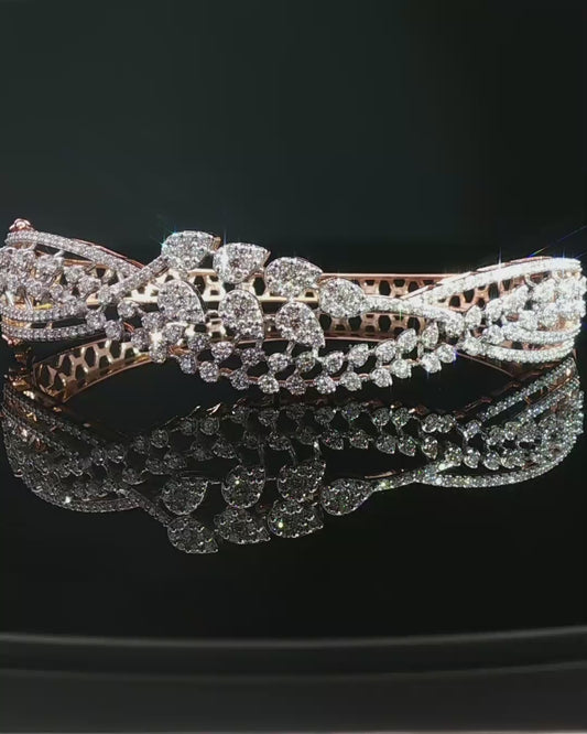 Pear and Round Brilliant Diamond Floral Cluster Rose Gold Bangle