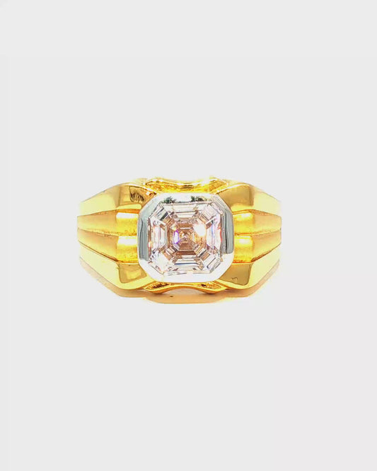 Yellow Gold Diamond Signet Ring with Ribbed Band