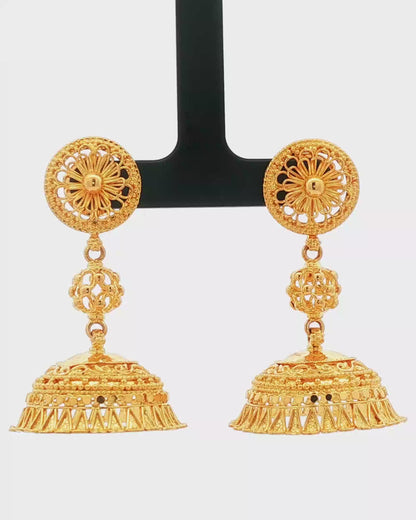 Traditional Yellow Gold Filigree Jhumka Dangle Earrings