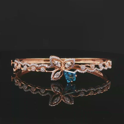 Floral Rose Gold Bangle with Kite-Cut Blue Topaz and Marquise Diamonds