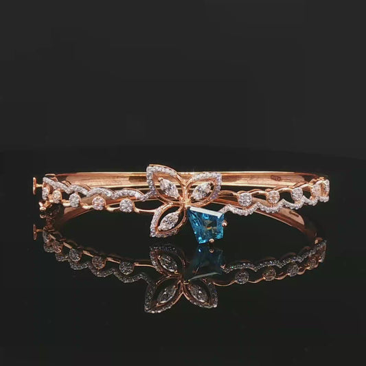 Floral Rose Gold Bangle with Kite-Cut Blue Topaz and Marquise Diamonds
