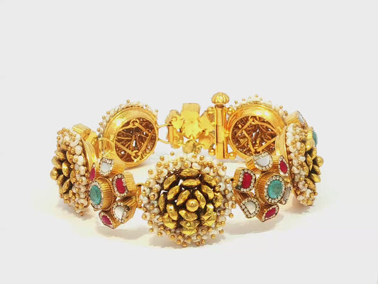 Traditional Yellow Gold Floral Motif Bangle with Seed Pearls