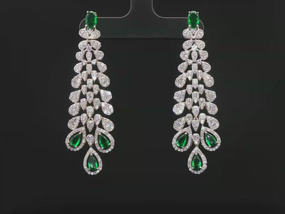 White Stone and Emerald Drop Silver Necklace