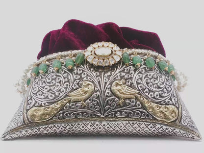 Ornate Silver and Gold Peacock Motif Jeweled Velvet Clutch