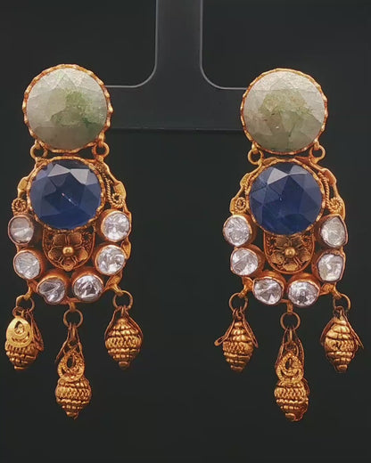 Ornate Yellow Gold Dangle Earrings with Blue Sapphire and Rose-Cut Accents