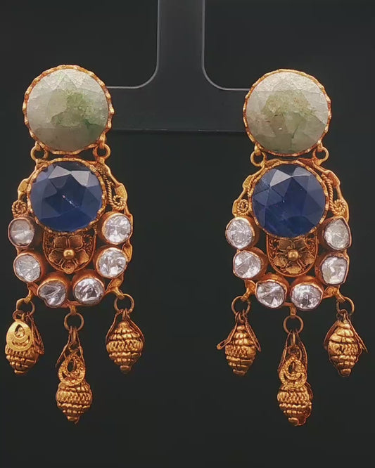 Ornate Yellow Gold Dangle Earrings with Blue Sapphire and Rose-Cut Accents