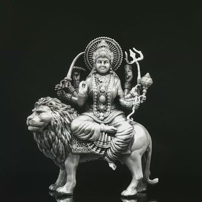 Silver-Toned Multi-Armed Goddess on Lion Figurine