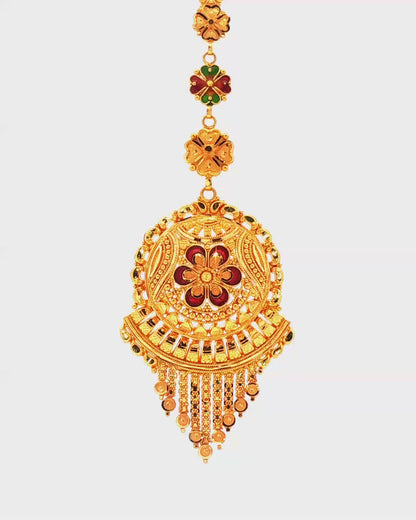 Ornate Floral Red Ruby Tassel Pendant in Yellow Gold