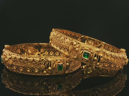 Ornate Yellow Gold Filigree Bangles with Square Cabochon Emeralds
