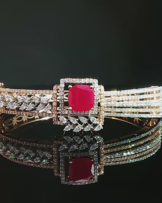 Cushion-Cut Red Ruby and Multi-Cut Diamond Rose Gold Bangle