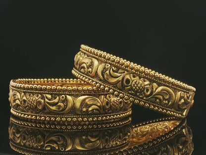 Ornate Antique Style Yellow Gold Engraved Bangles with Beaded Bordered Pair