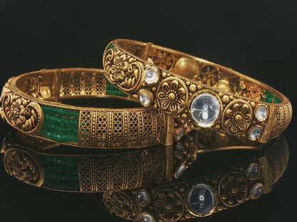 Ornate Yellow Gold Floral Bangle Set with Emerald Beads and Clear Accents