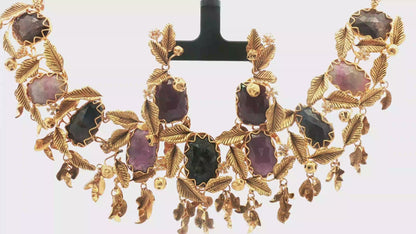 Baroque Rose-Cut Tourmaline and Leaf Motif Gold Statement Bib Necklace