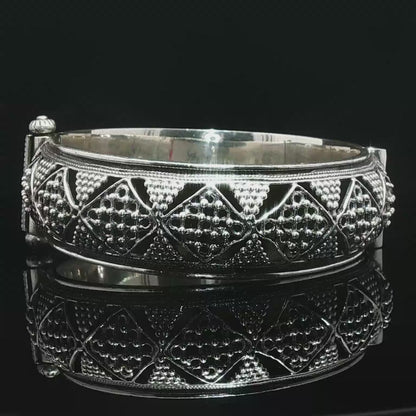 Intricate Granulated Silver Bangle with Geometric Openwork